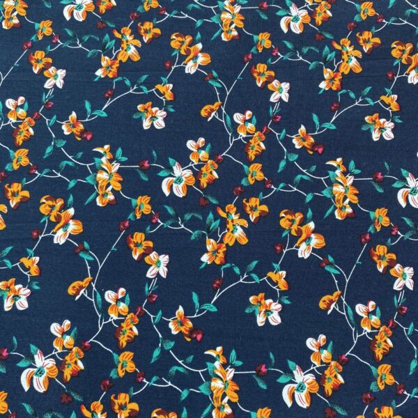 SKU-04-深藏青底 100% Cotton Reactive Printed Pastoral Floral Fabric — Soft, Breathable & Summer-Friendly