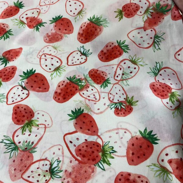 Cotton Strawberry Print Fabric for Dresses – 100% Cotton Poplin with Reactive Printing