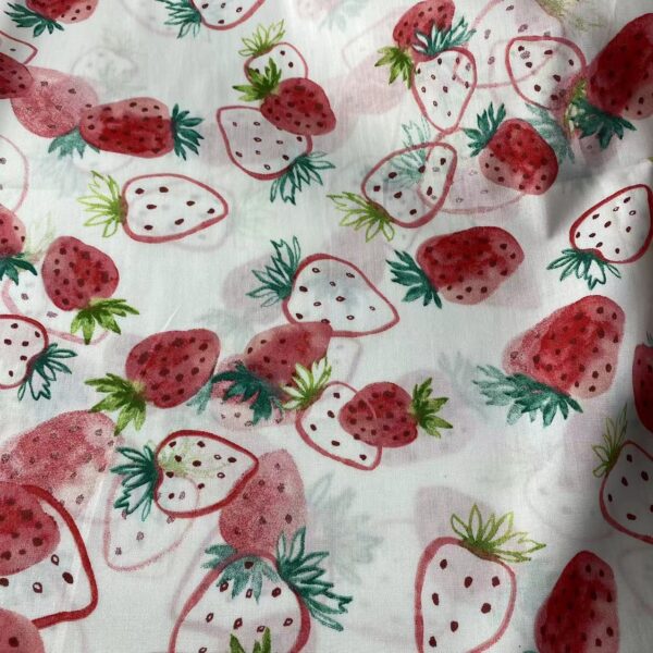 Cotton Strawberry Print Fabric for Dresses – 100% Cotton Poplin with Reactive Printing