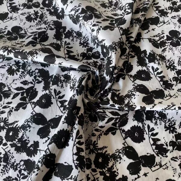 Black and White Floral Cotton Poplin Fabric – 100% Cotton Reactive Print