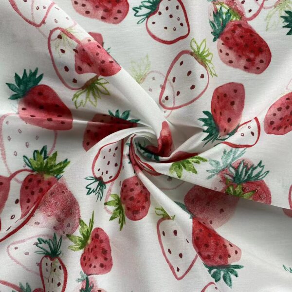Cotton Strawberry Print Fabric for Dresses – 100% Cotton Poplin with Reactive Printing