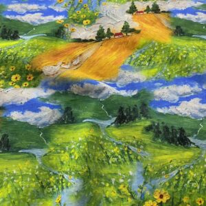 100% Cotton Digital Printed 3D Pastoral Fabric — Oil Painting Style for Kids & Women Apparel