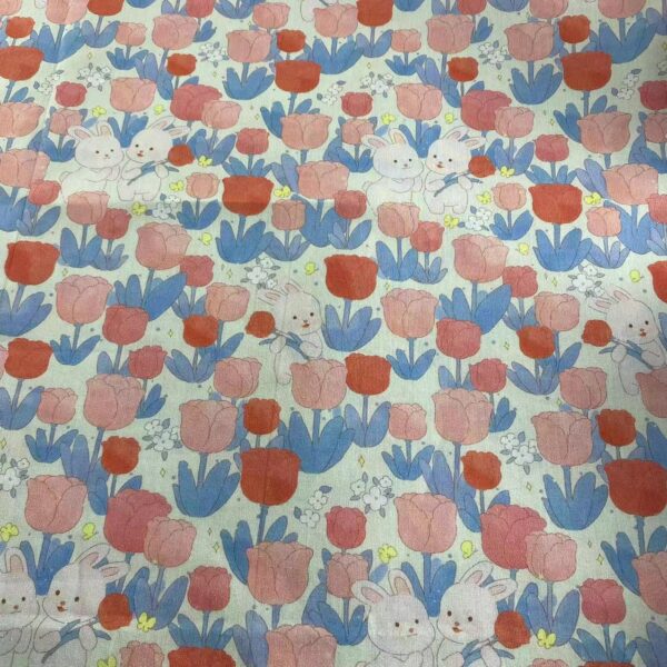 SKU-02-2 100% Cotton Digital Printed Rose & Bunny Fabric — Soft, Breathable & Child-Safe