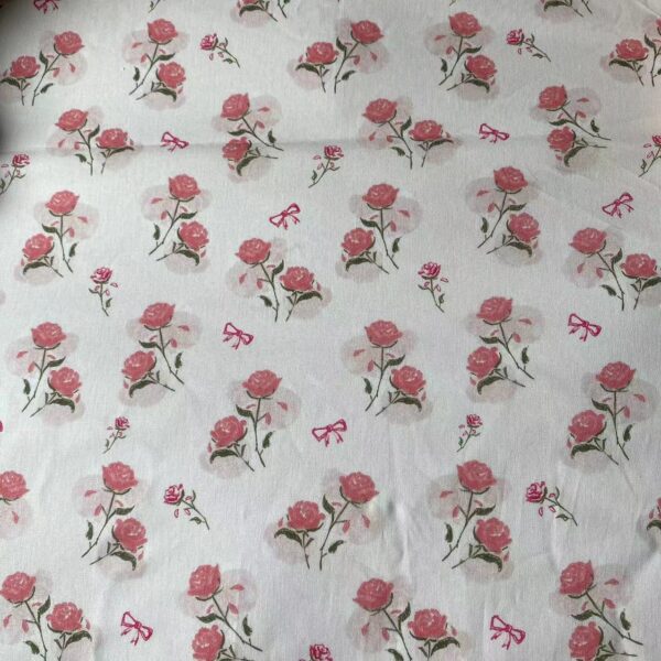 100% Cotton Digital Printed Pink Rose & Bow Fabric — Soft, Elegant & Breathable