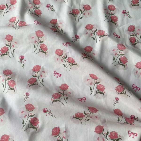 100% Cotton Digital Printed Pink Rose & Bow Fabric — Soft, Elegant & Breathable