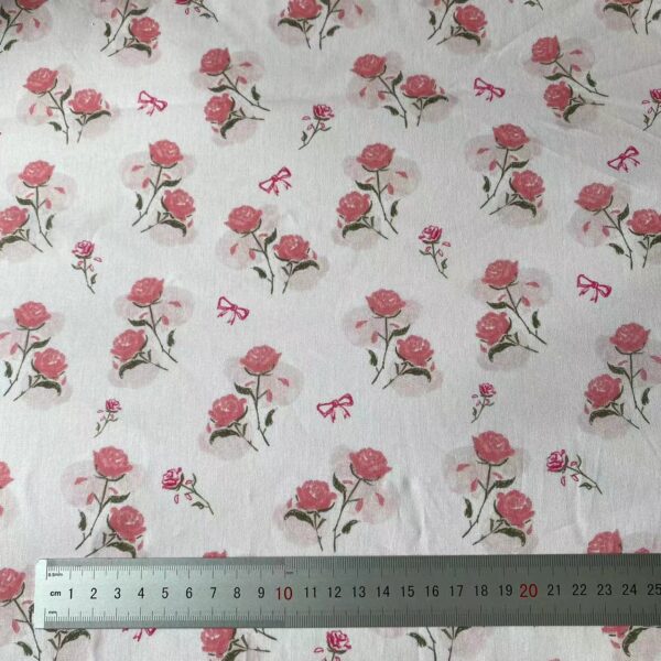100% Cotton Digital Printed Pink Rose & Bow Fabric — Soft, Elegant & Breathable