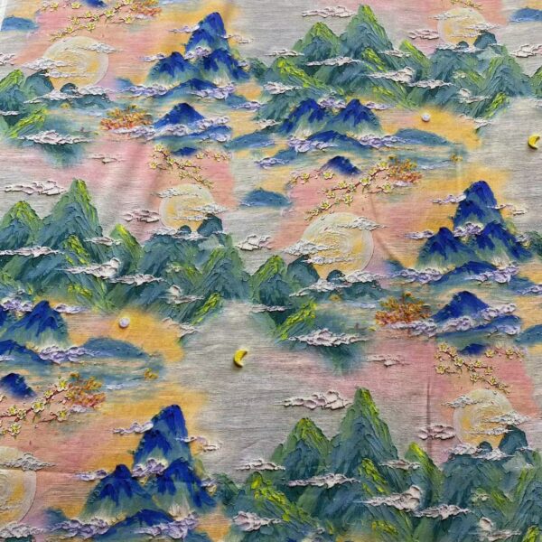 100% Cotton 3D Chinese Oil Painting Fabric — Artistic Print for Dresses & Kidswear