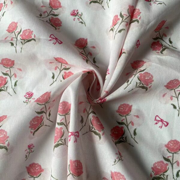 100% Cotton Digital Printed Pink Rose & Bow Fabric — Soft, Elegant & Breathable